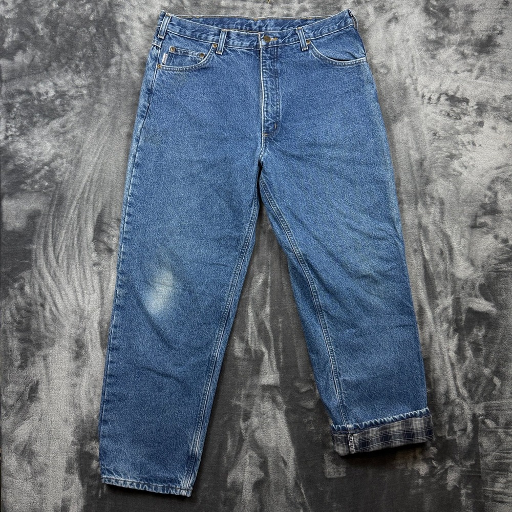Carhartt Flannel Lined Jeans Mens 36x30 Blue B172 DST Relaxed Fit Denim
